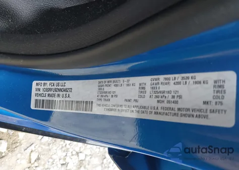 2022 Ram 1500 Trx из США, поврежденный, VIN 1C6SRFU92NN346272